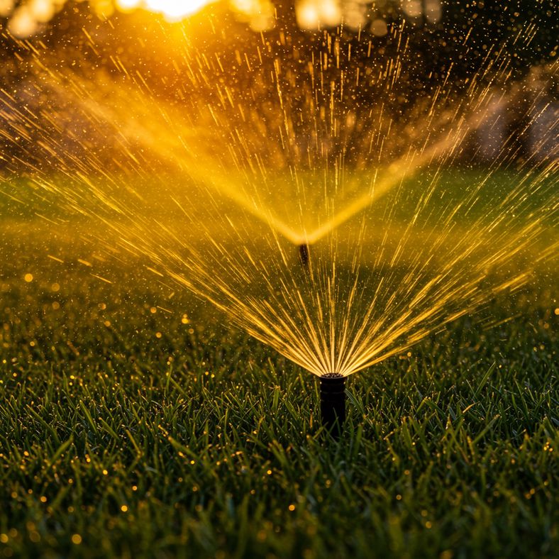 Sprinkler system watering new grass seedlings in early morning light