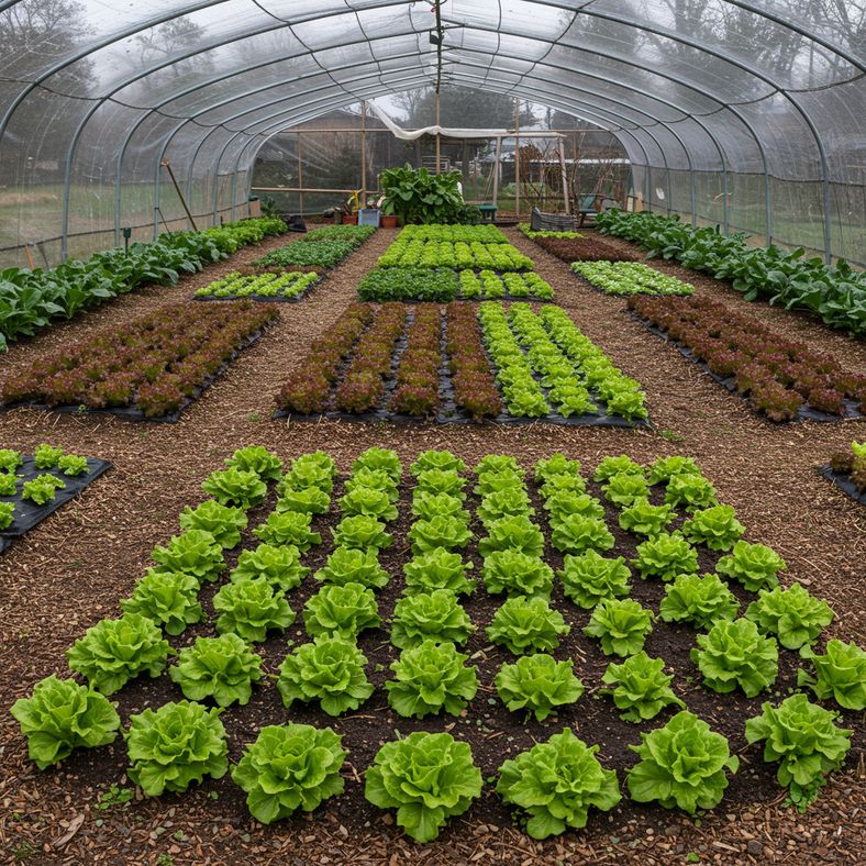 Succession planting of winter lettuce showing different growth stages in garden