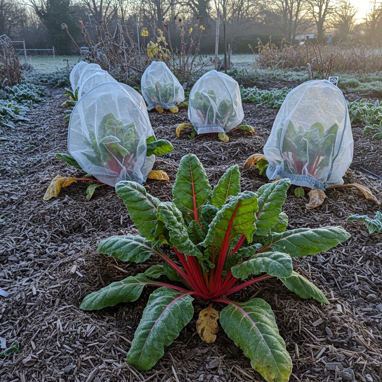 Swiss chard plants surviving winter with frost protection in UK garden