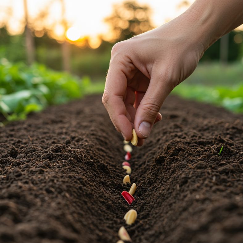 Swiss chard seeds being sown in prepared soil in July UK garden
