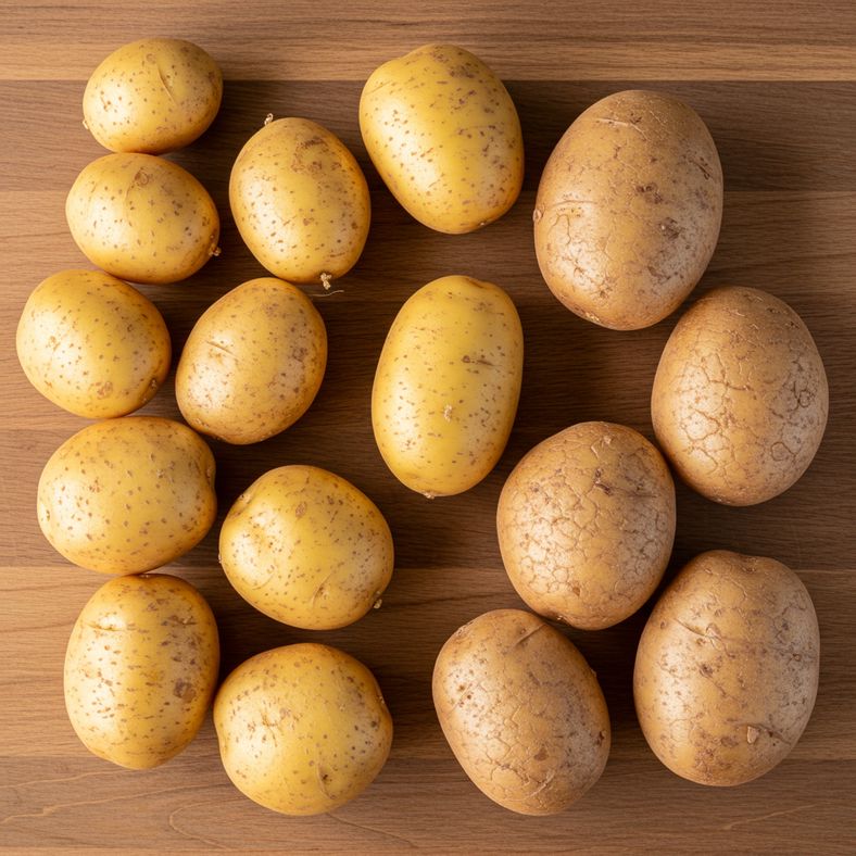 Three groups of different potato varieties showing size progression from first earlies to maincrops