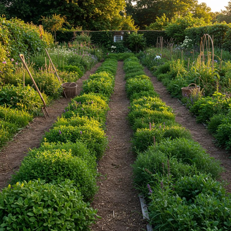 Thriving herb garden in late summer with plants ready for harvest, showing succession planting and healthy growth