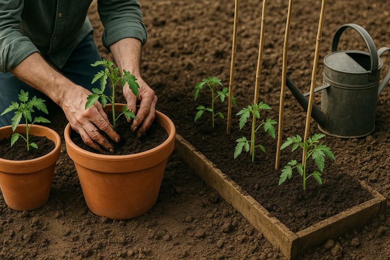 Tomato plants being transplanted into large containers and garden beds