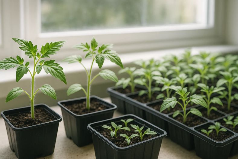 Tomato seedlings in seed trays and small pots ready for transplanting