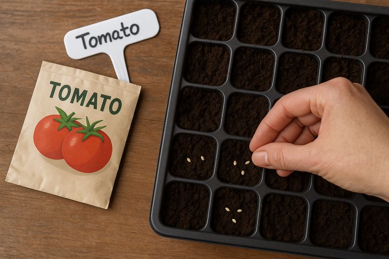 Tomato seeds being planted in seed starting trays with proper spacing and labeling