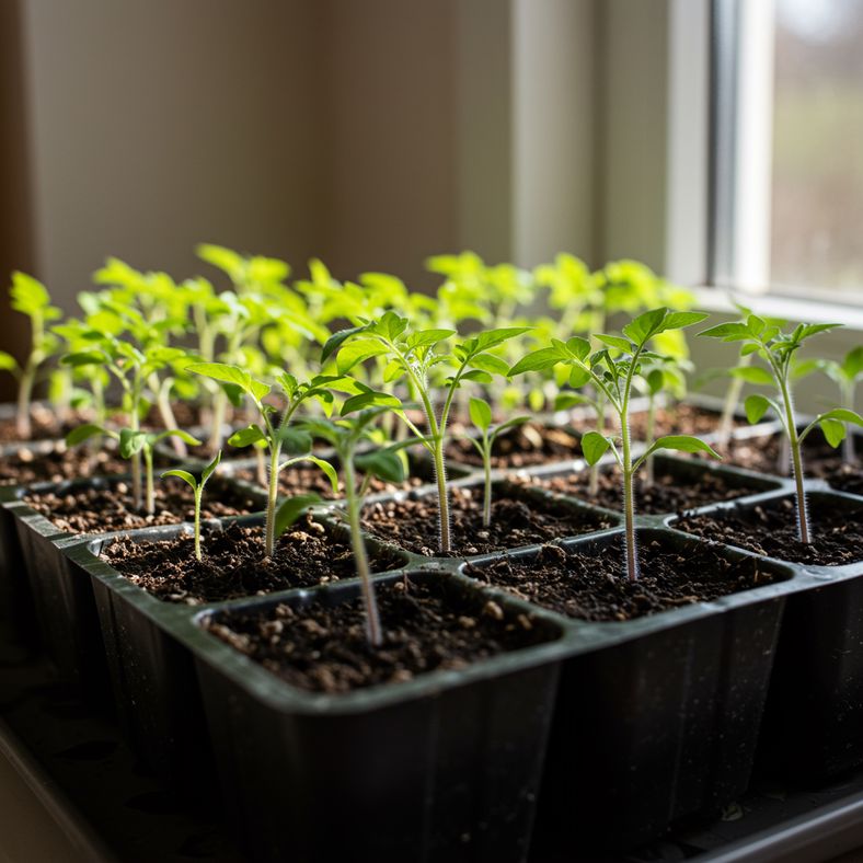 Tomato seeds germinating in seed trays under grow lights