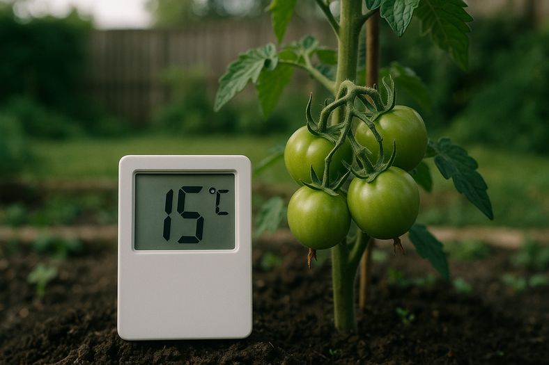 Thermometer showing temperature next to green tomatoes on plant in UK garden