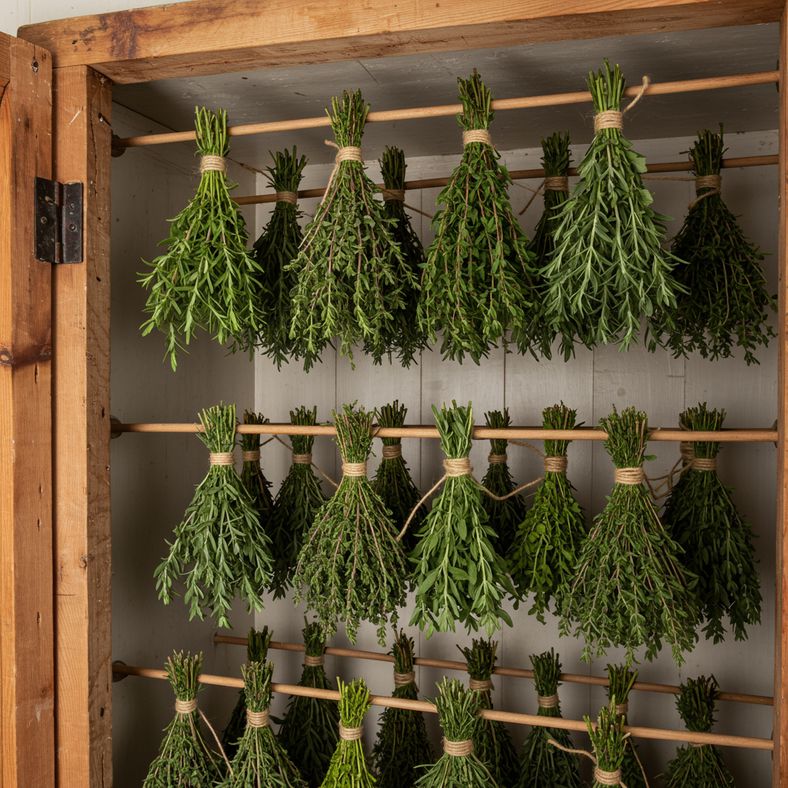 Traditional herb bundles of rosemary and thyme hanging to dry in a rustic UK cottage airing cupboard