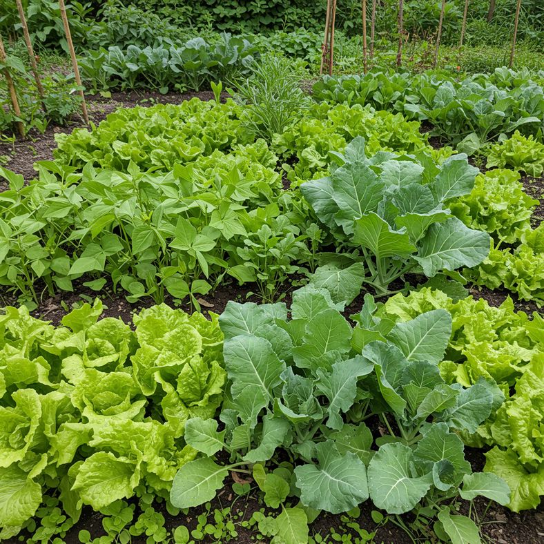 Turnip plants growing alongside French beans and lettuce in intercropped garden bed