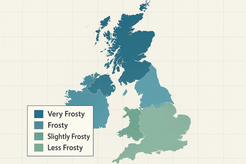UK climate zones map showing winter growing regions and frost dates across Britain