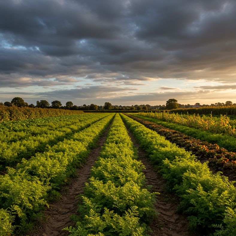 UK garden showing carrot rows under changeable autumn sky with dramatic lighting