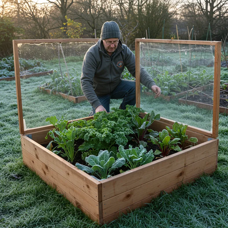 UK gardener harvesting fresh vegetables from a cold frame in winter with frost on the ground