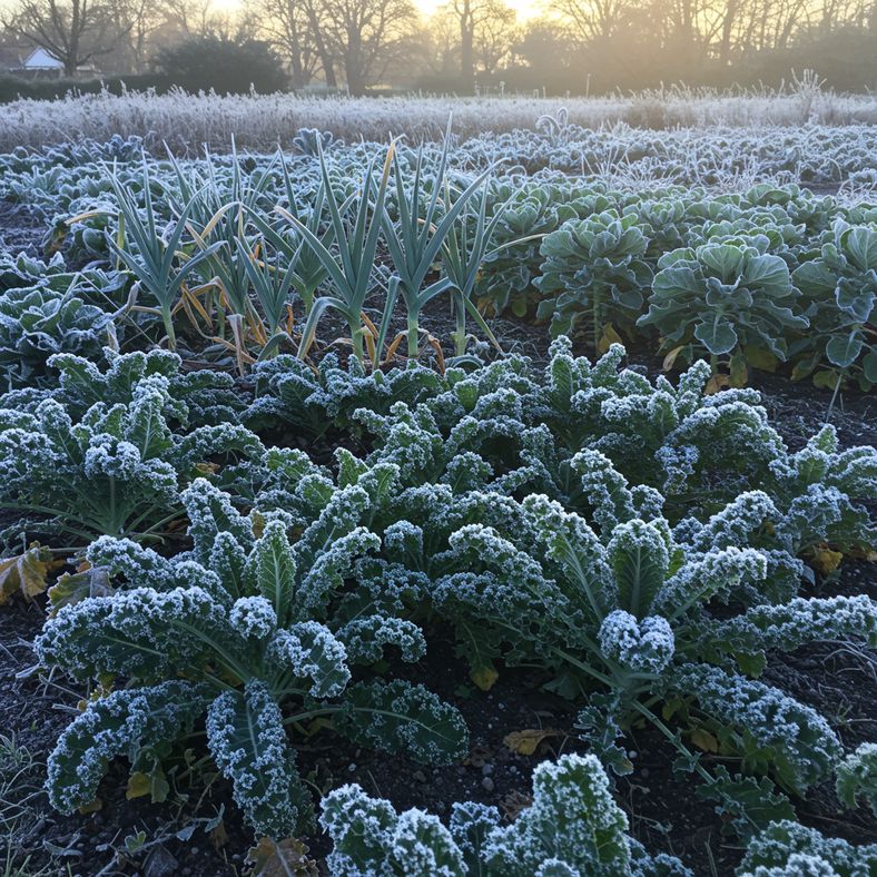 Variety of winter-hardy vegetables growing in a frost-covered garden bed including kale, leeks and Brussels sprouts