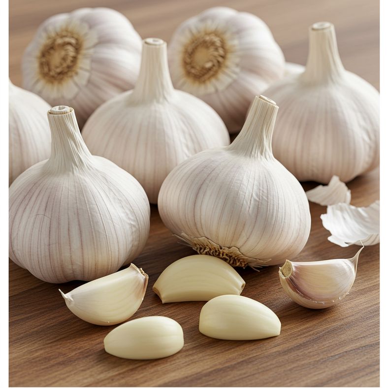 Various garlic bulbs and separated cloves showing different varieties