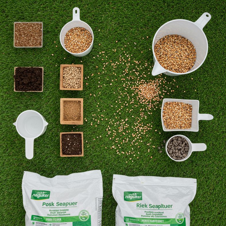 Various lawn fertilizers arranged with measuring tools and grass seedlings