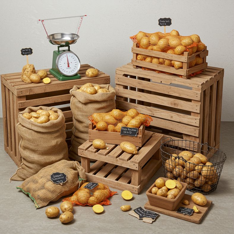 Various potato storage containers including hessian sacks, wooden crates, and mesh baskets arranged in UK storage area