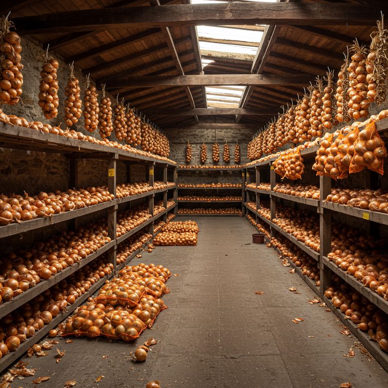 Various storage methods for cured onions including net bags, wooden crates, and traditional plaits in cool storage area