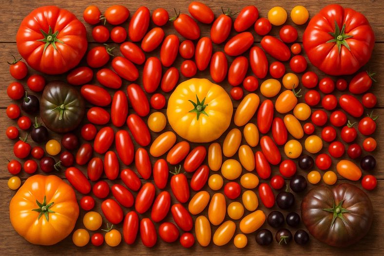 Various tomato varieties showing different sizes and colors from cherry to beefsteak types