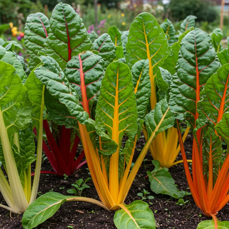 Vibrant rainbow Swiss chard growing in a UK garden in July with colorful stems