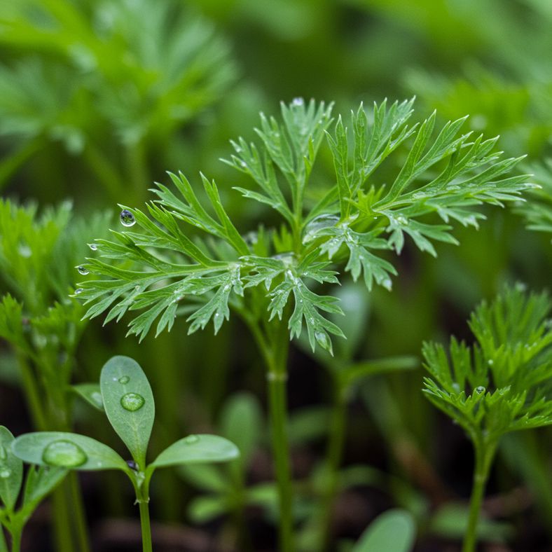 Water droplets on carrot seedlings with feathery green foliage