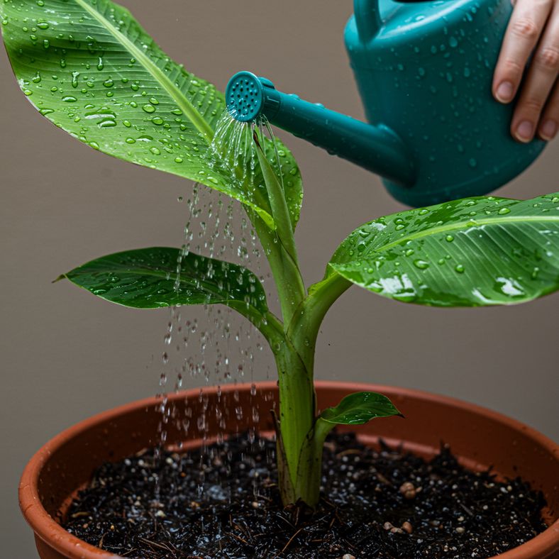 Watering and feeding a banana plant in a container