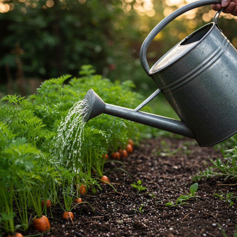 Watering can applying water to base of carrot plants without wetting foliage
