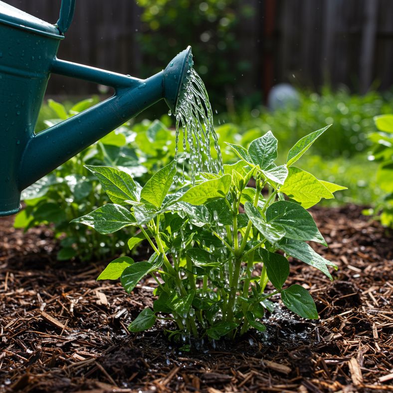 Watering dwarf French bean plants