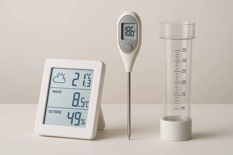 Weather monitoring tools and thermometer showing optimal grass seeding temperatures