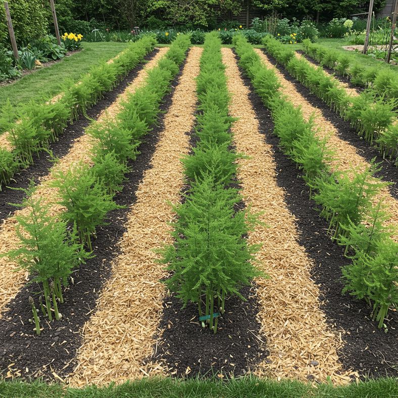 Well-maintained asparagus bed with proper mulching and weed control