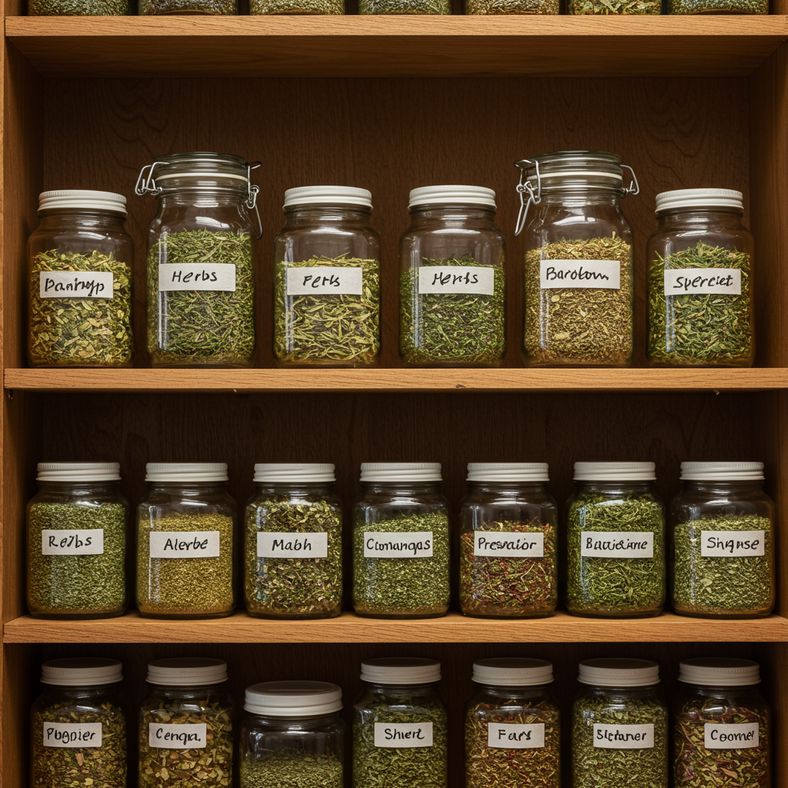 Well-organised pantry shelves with glass jars of preserved herbs, each clearly labelled with dates and preservation methods