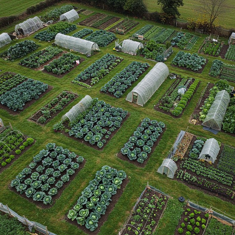 Well-organized winter vegetable garden with cabbages, root vegetables and protective structures