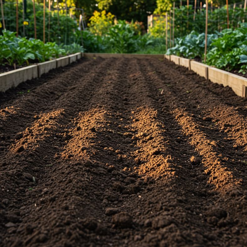 Well-prepared garden bed with rich, dark soil ready for fennel sowing