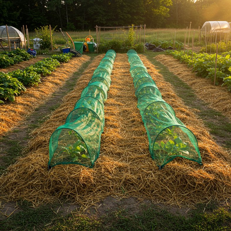 Well-prepared garden bed with shade cloth protection and mulch for summer pak choi growing