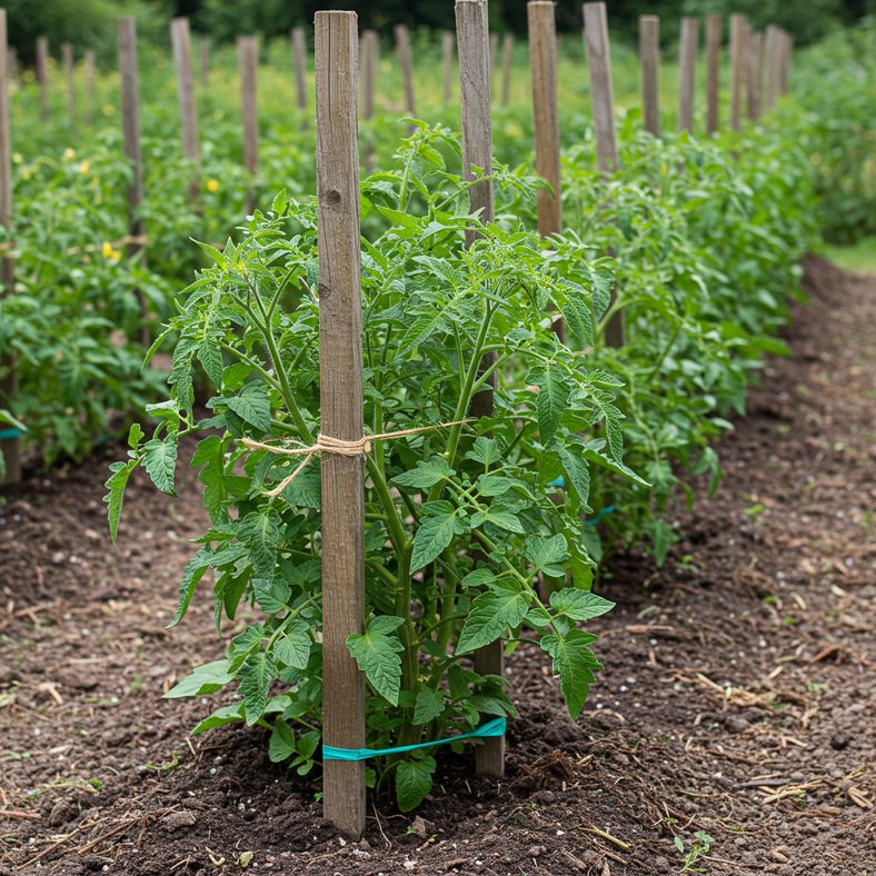 Well-supported unpinched tomato plants with strong stakes and ties