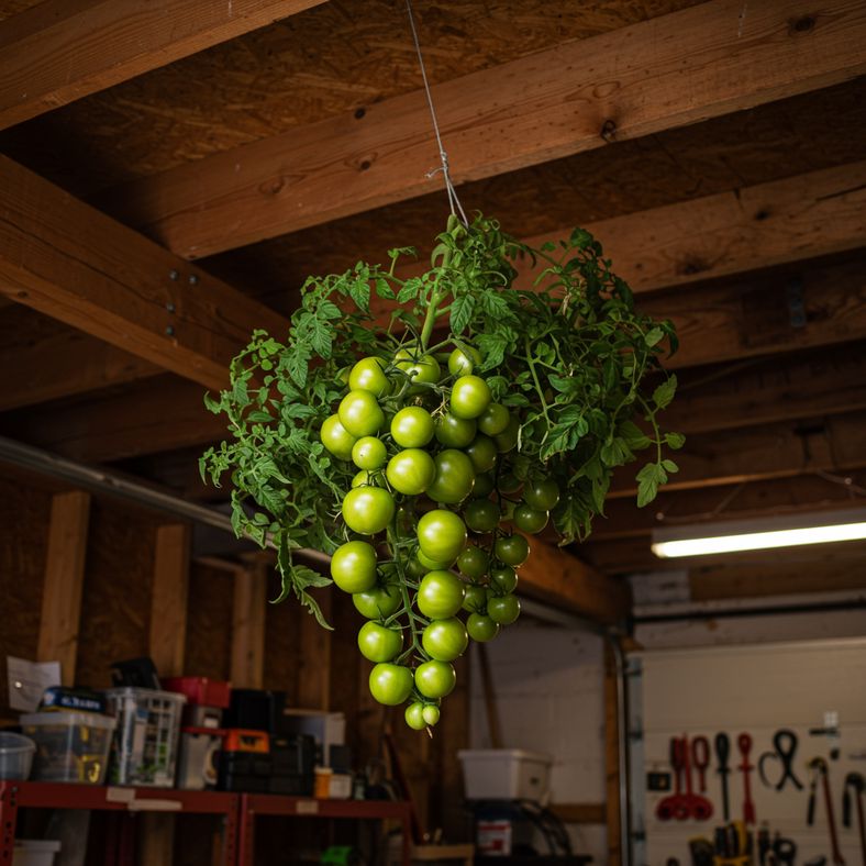 Whole tomato plant with green fruits hanging upside down in garage for ripening