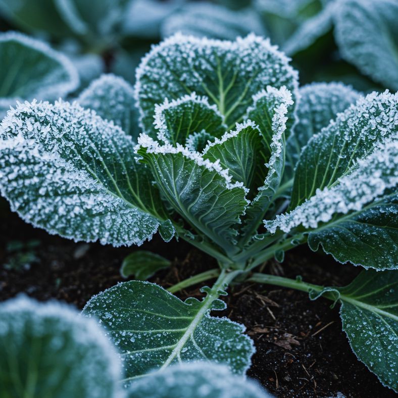 Winter cabbage plants with protective earth mounding around stems