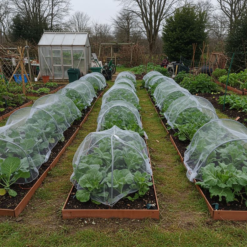 Winter garden showing common pest protection measures including netting and organic slug control