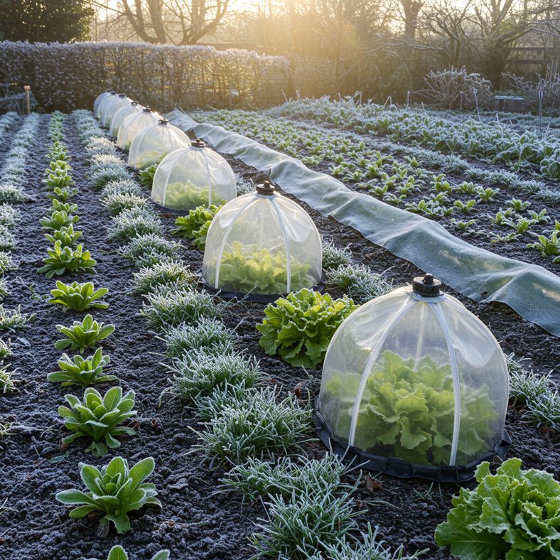 Winter lettuce plants protected with cloches and fleece in frost-covered garden
