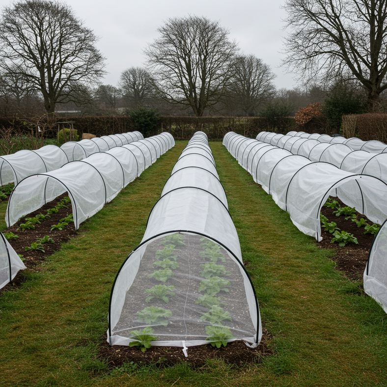Winter vegetable garden protected with fleece hoops and mulch during UK winter conditions