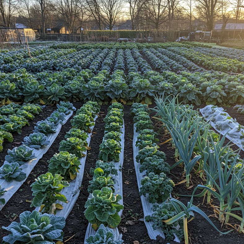 Winter vegetable garden with kale, Brussels sprouts and leeks growing under protective fleece covers