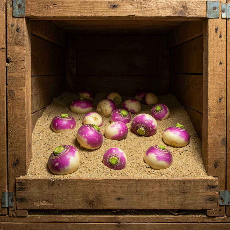 Wooden storage box filled with turnips in sand for winter storage in cool cellar