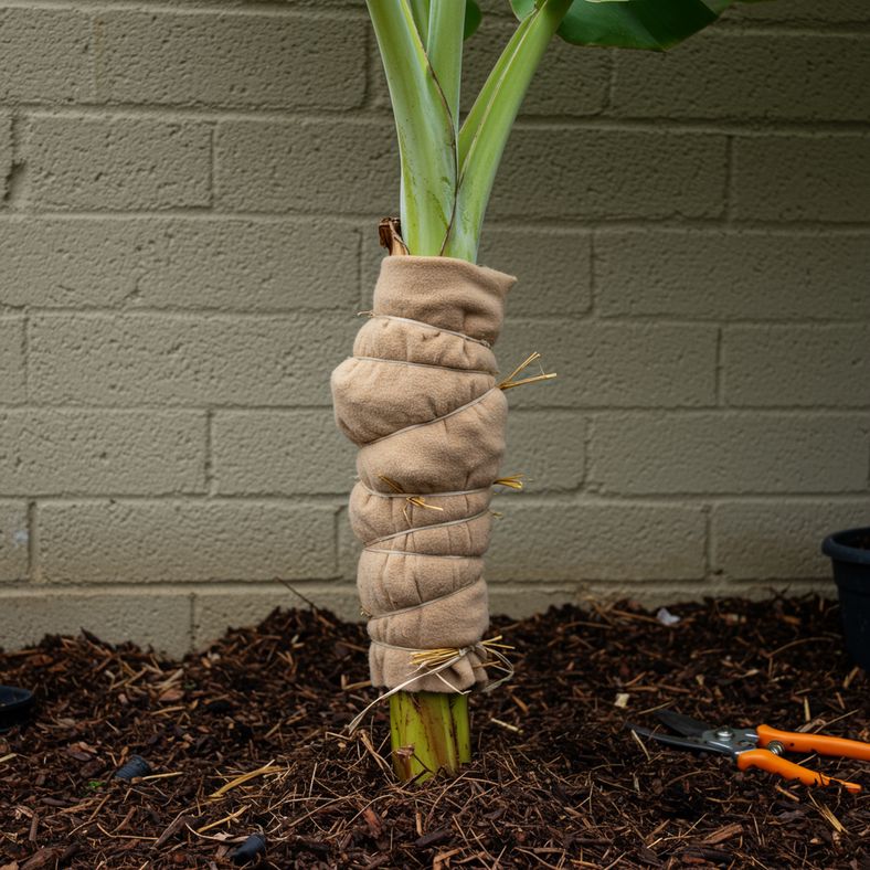 Wrapping a banana plant for winter protection in a UK garden