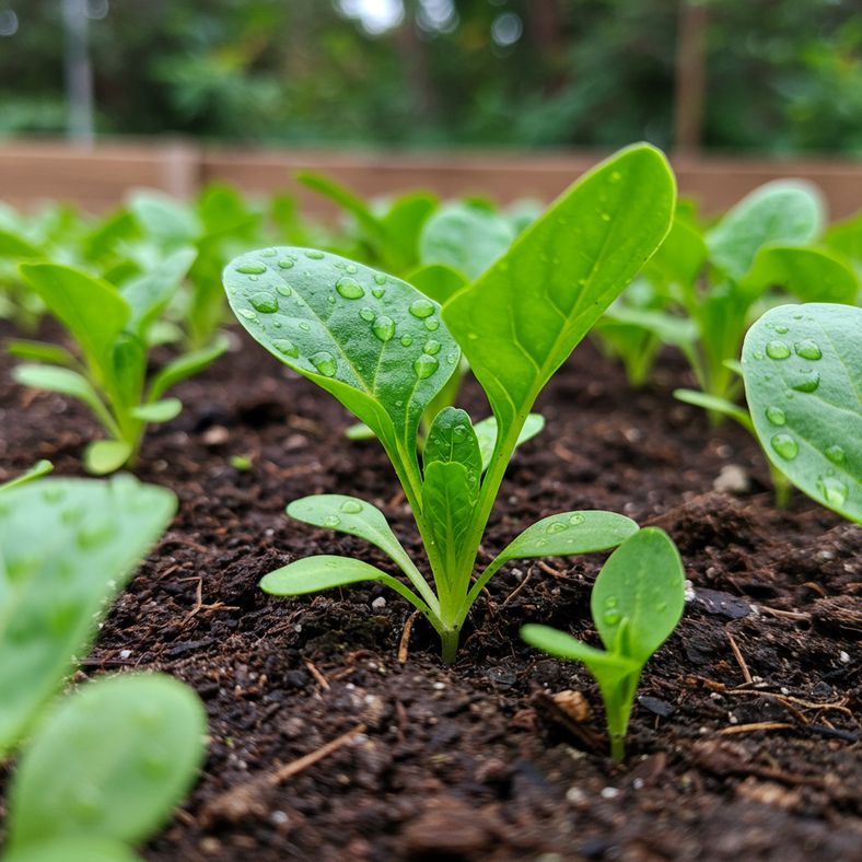 Young Swiss chard seedlings emerging from soil showing first true leaves