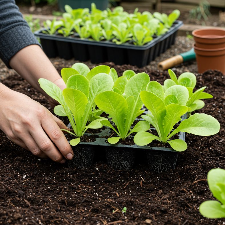 Young lettuce plants being transplanted in UK garden