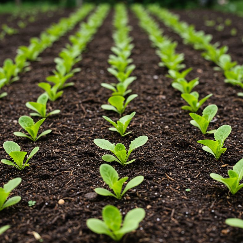 Young lettuce seedlings being thinned in garden row with spacing guide