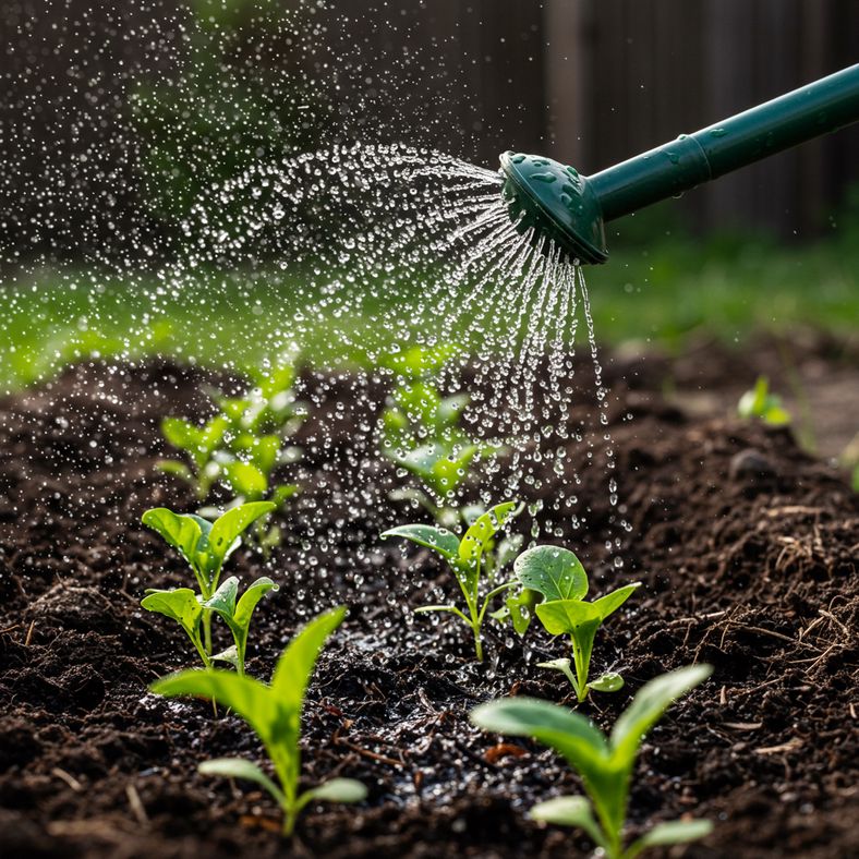 Young perpetual spinach seedlings being gently watered with a fine rose watering attachment, showing proper watering technique for delicate plants