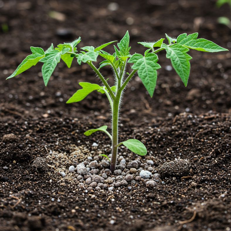 Young tomato seedling with strong central stem growing in organic soil with cottonseed meal fertilizer visible around base