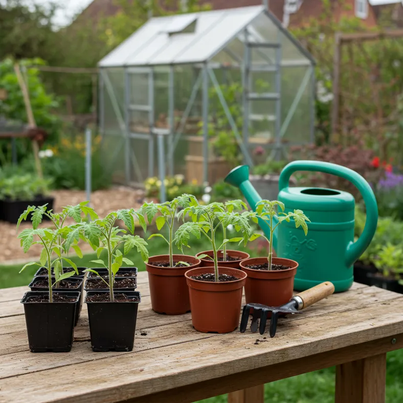 Young tomato seedlings ready for planting in UK garden with gardening tools