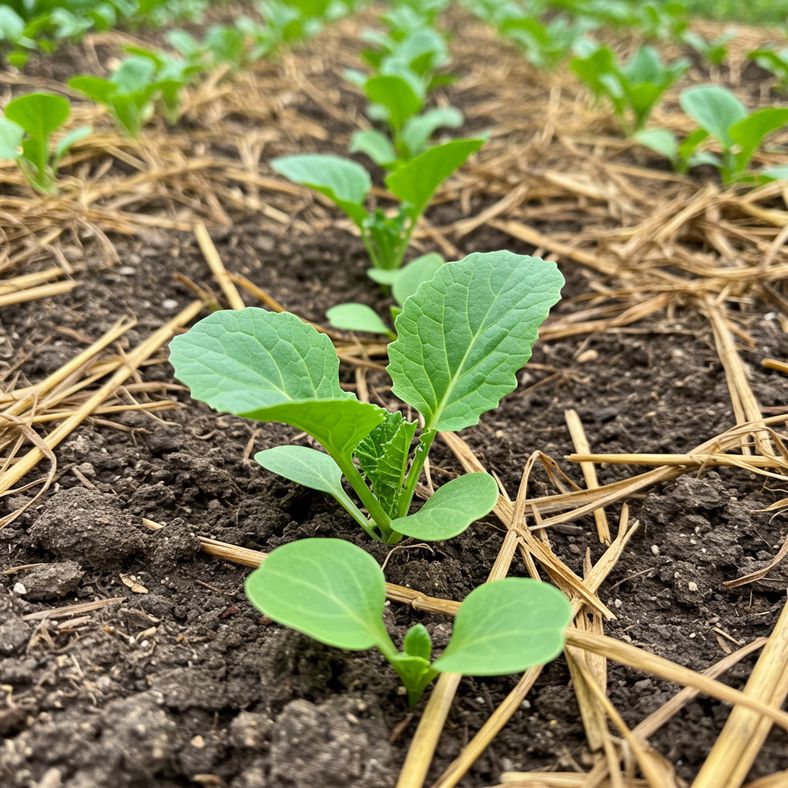 Young turnip seedlings with first true leaves growing in garden row with mulch around them