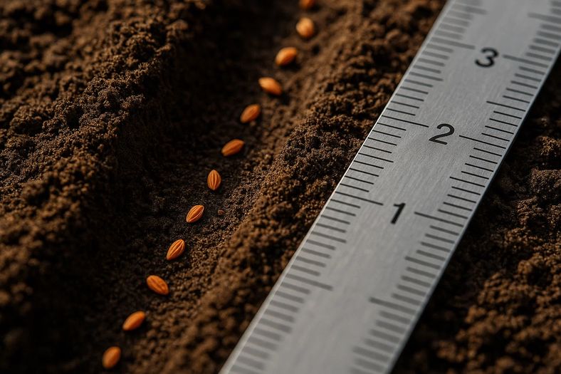 Close-up of carrot seeds being sown in prepared soil drill with measuring tools